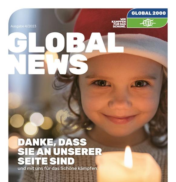 Cover GLOBAL NEWS 4/2023: Ein Kind mit Weihnachtsmütze lächelt, davor leuchtet eine Kerze. Darunter steht: Danke, dass Sie an unserer Seite sind.