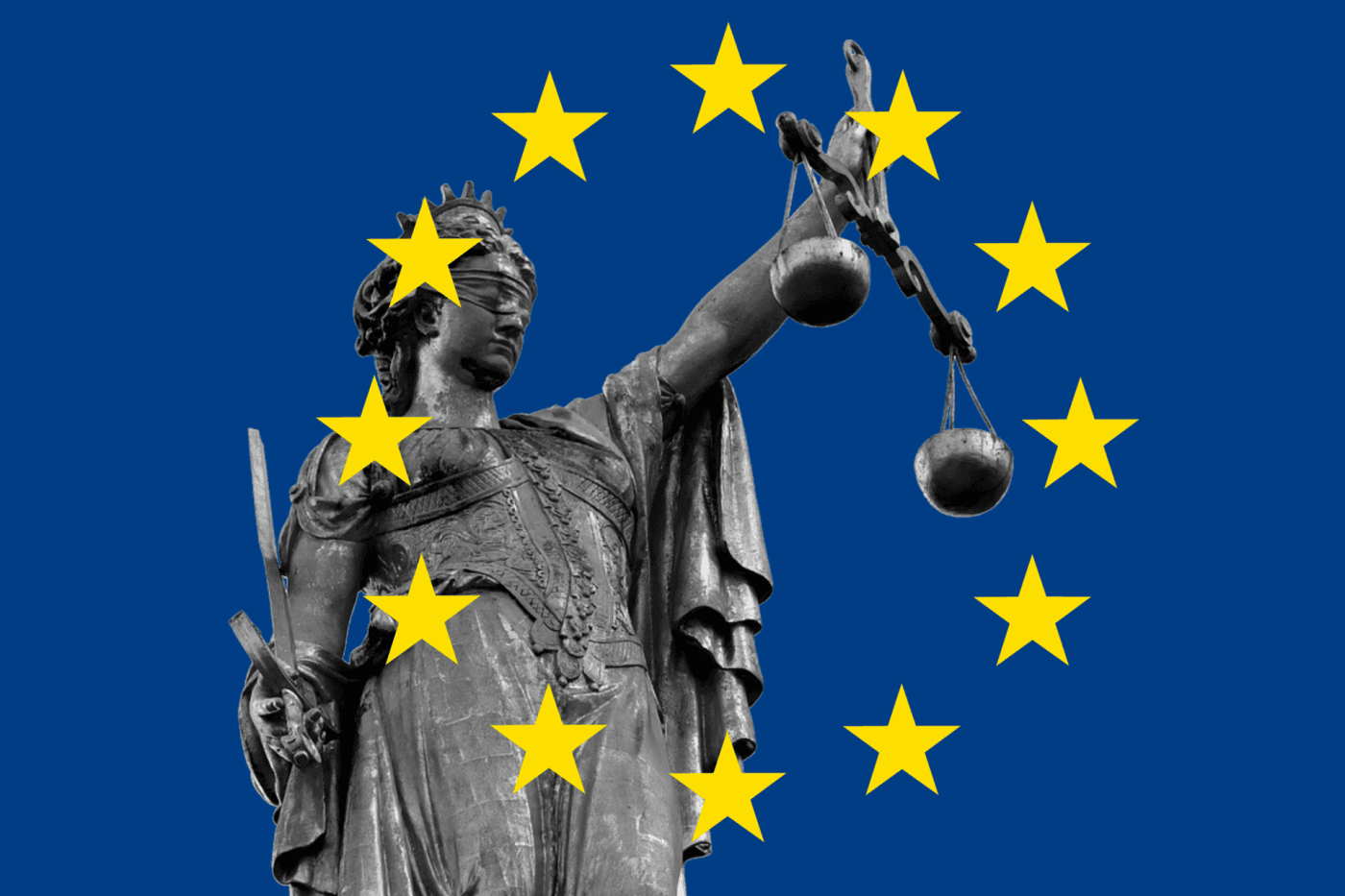 Collage: Justitia-Statue mit EU-Flagge