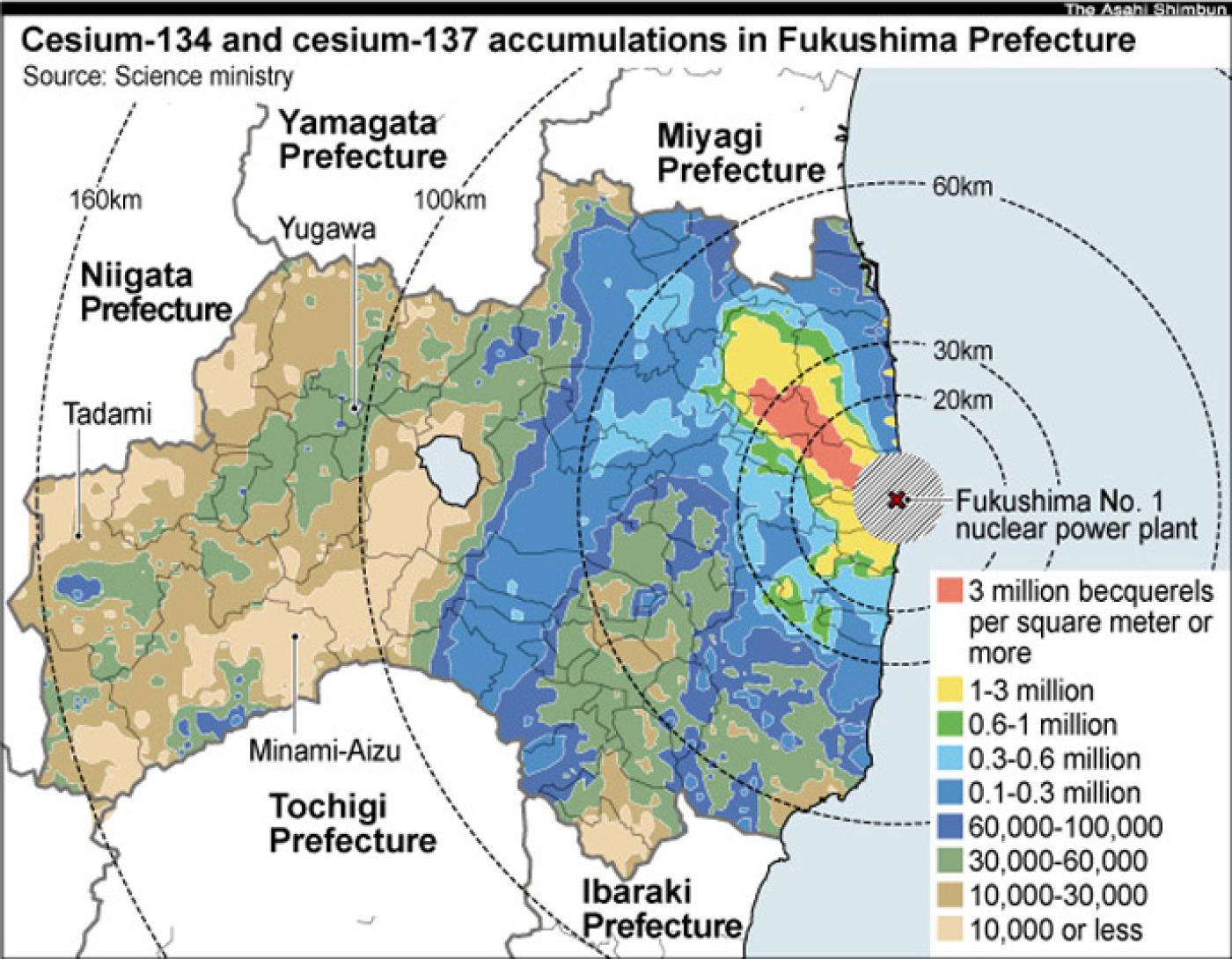 Karte der Cäsium-134- und Cäsium-137-Akkumulationen in der Präfektur Fukushima mit farbkodierten Konzentrationswerten und markierten Schlüsselstellen.