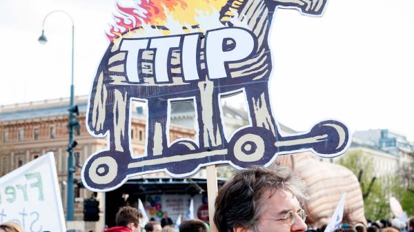 Ein Mann mit einem Schild auf den das trojanischen TTIP-Pferd zu sehen ist, auf der TTIP-Demo in Wien 2015