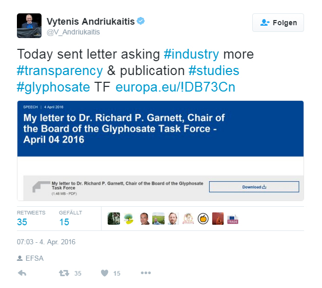 Tweet von EU-Gesundheitskommissar Andriukaitis