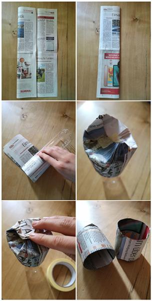 Anleitung für Anzuchttöpfchen aus Zeitungspapier: Das Zeitungspapier mithilfe einer Flasche zu einem Zylinder rollen. Anschließend die untere Kante umklappen und den so entstandenen Boden mit Tixo fixieren.