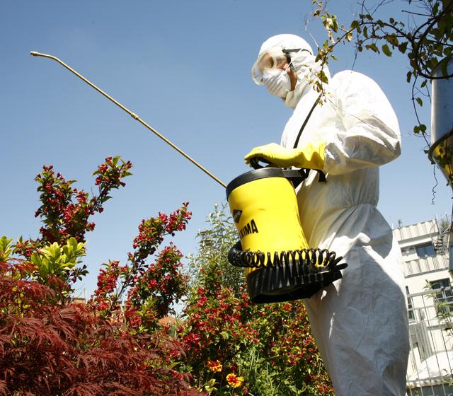 Mann in Schutzanzug versprüht Pestizide