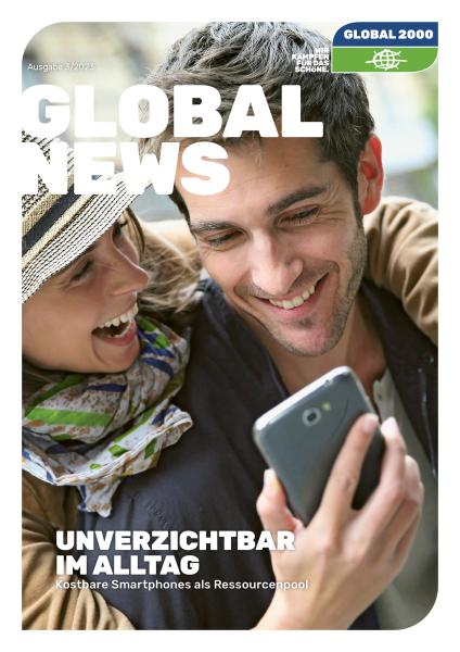 Cover GLOBAL News 3: Ein Mann und eine Frau schauen freudig in ein Smartphone.