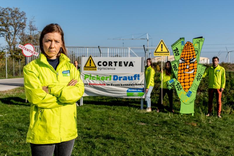 Brigitte Reisenberger steht im Vordergrund mit verschränkten Armen und ernster Miene. Im Hintergrund stehen Menschen mit Banner. 