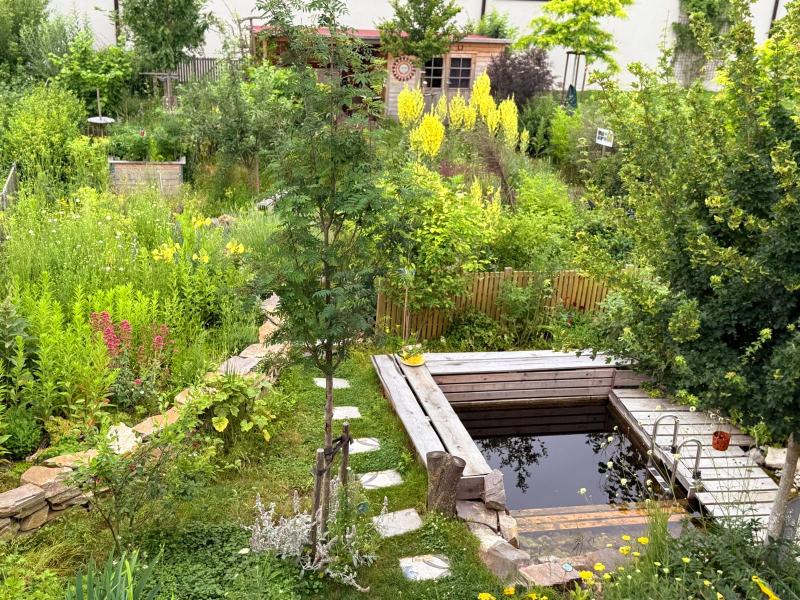 Naturgarten mit Naturteich von oben gesehen