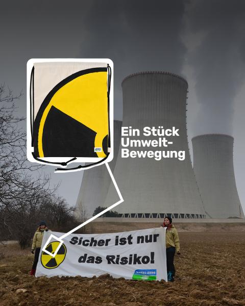 Auf einem Banner wird ein Ausschnitt gezeigt mit der Schrift "Ein Stück Umwelt-Bewegung"