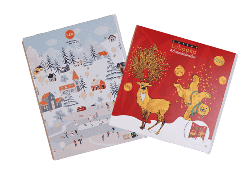 EZA Adventkalender und zotter Labooka Adventkalender in einem Bild