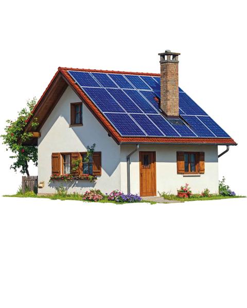 Einfamilienhaus mit Solarpaneele vor weißem Hintergrund