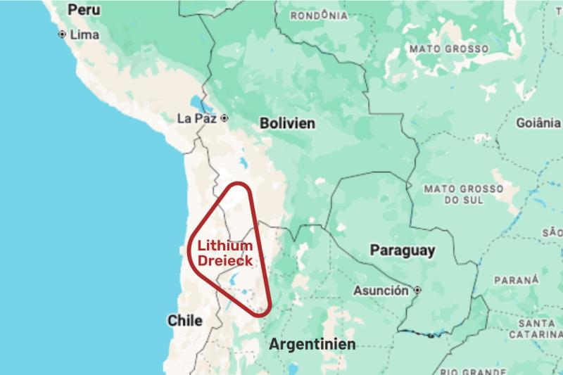 Das sogenannte Lithium Dreieck zwischen den Ländern Bolivien, Chile und Argentinien