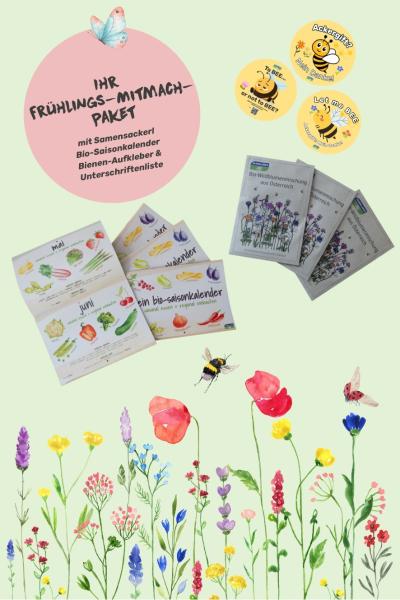 Ein Frühlings-Aktionspaket mit Samenpäckchen, Bio-Jahreskalendern, Bienen-Aufklebern, einer Unterschriftenliste auf grünem Hintergrund.