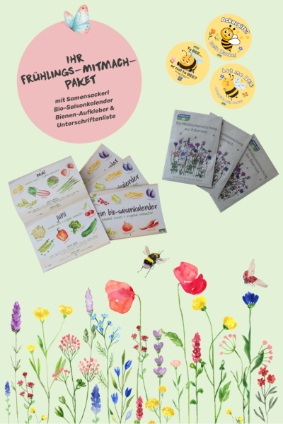 Illustration eines Frühlings-Mitmachpakets mit Samensäckchen, Bio-Saisonkalender, Bienen-Aufklebern, Unterschriftenliste, umgeben von bunten Frühlingsblumen, einer Biene, einem Schmetterling und einem Marienkäfer