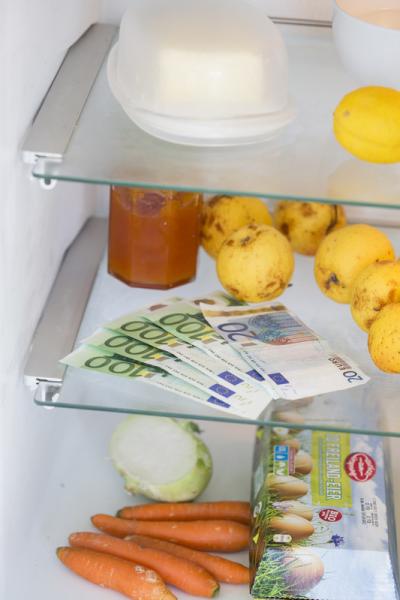 Offener Kühlschrank mit Geldscheinen, Karotten, Eiern, Quitten und einem Behälter mit weißem Deckel auf Glasregalen