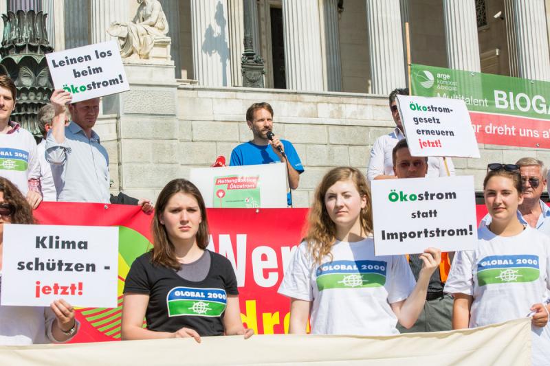 Gruppe von Demonstrierenden vor einem historischen Gebäude mit Schildern zu Ökostrom und Klimaschutz