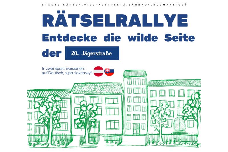 Plakat zur Rätselrallye mit Text „Entdecke die wilde Seite der 20., Jägerstraße“ und Illustration von Häusern mit Bäumen.