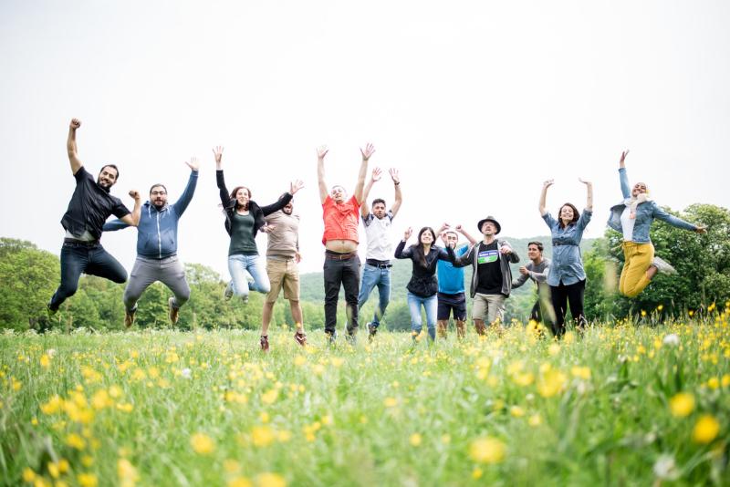 Gruppe von Menschen springt auf einer Wiese mit gelben Blumen in die Luft und hebt die Arme
