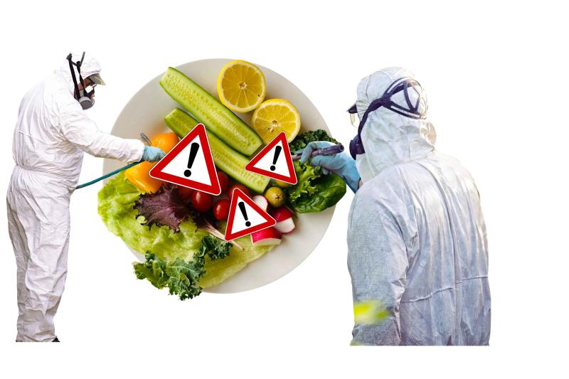 Zwei Personen in Schutzanzügen und Atemschutzmasken sprühen auf einen Teller mit Salat, Gurke, Tomate und Zitronenscheiben, auf dem drei gelbe Warnschilder mit dem Strahlensymbol liegen
