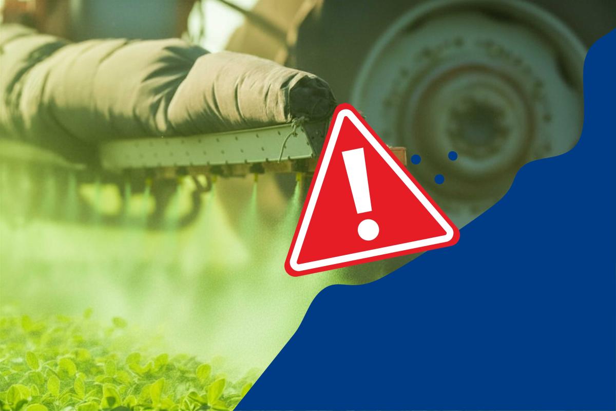 Bildmontage: Traktor sprüht grünlich eingefärbte Pestizide, darüber in dunkelblau eine Lawine angedeutet und ein rot-weißes Warndreieck