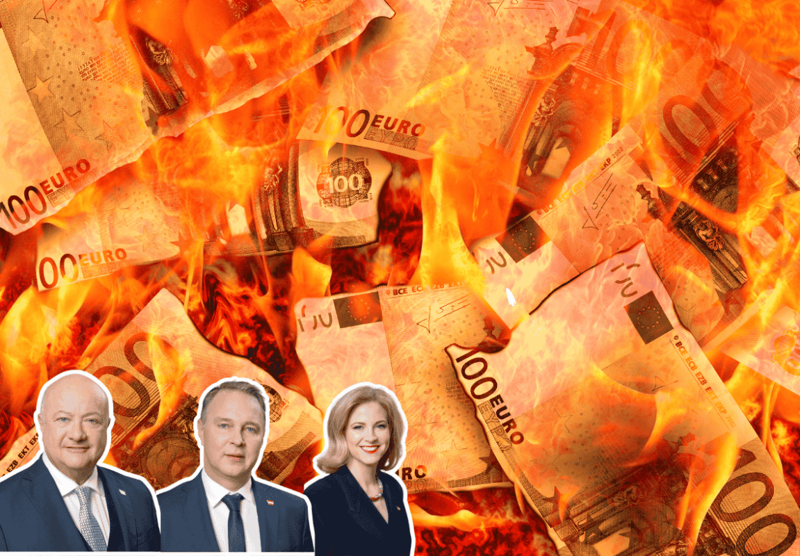 Bildcollage: Drei Personen in Anzügen (Stocker, Babler, Meinl-Reisinger) vor brennenden 100-Euro-Scheinen