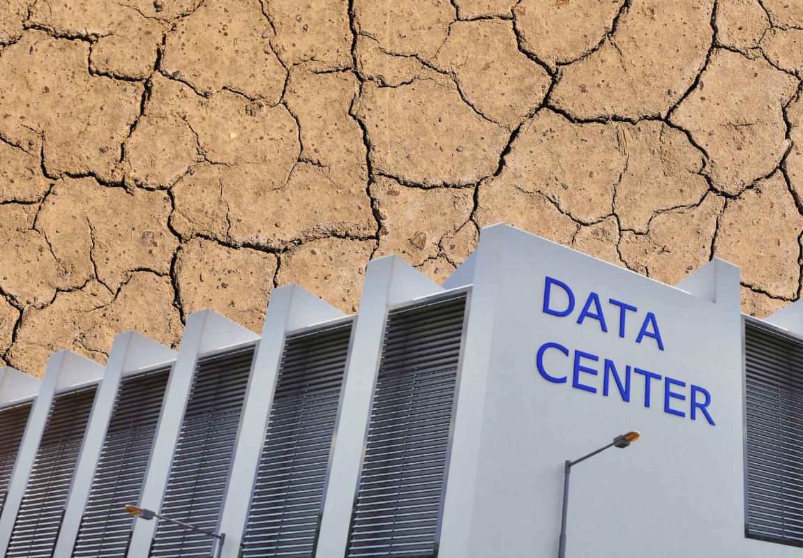 Bildmontage: Gebäude mit Aufschrift "Data Center" vor trockenem, rissigen Boden
