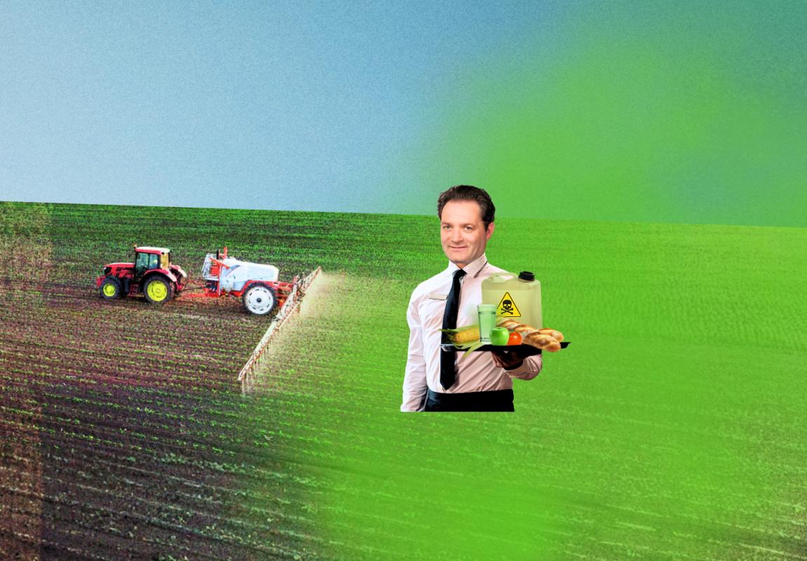 Bildmontage für Email-Protest: Norbert Totschnig mit Schürze hält Tablett mit gelbem Behälter mit Gefahrenzeichen und Obst vor grünem und braunem Feld, im Hintergrund Traktor auf Acker, der Pestizide versprüht
