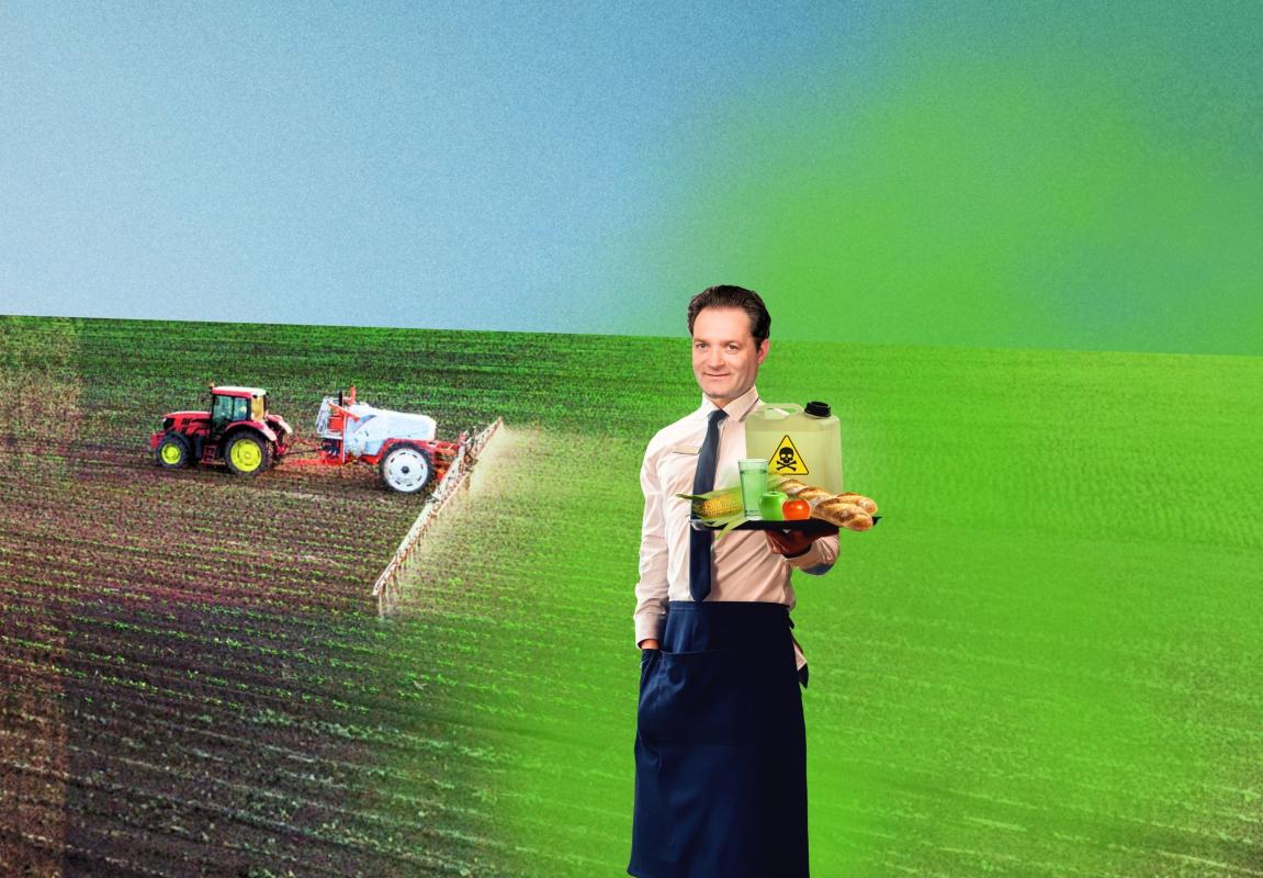 Bildmontage für Email-Protest: Norbert Totschnig mit Schürze hält Tablett mit gelbem Behälter mit Gefahrenzeichen und Obst vor grünem und braunem Feld, im Hintergrund Traktor auf Acker, der Pestizide versprüht