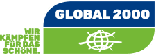Das grüneblaue Logo von GLOBAL 2000 mit einem skizzierten Planeten, daneben steht in grüner Schrift: Wir kämpfen für das Schöne