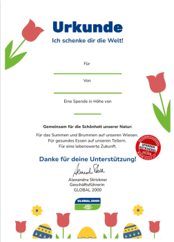 Eine bunte Urkunde zmit Ostermotiven wie Tulpen und Ostereiern zugunsten von GLOBAL 2000
