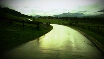 Landstraße glänzt vom Regen