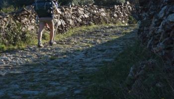 Weltwanderer steigt über gepflasterten Weg auf den Berg auf