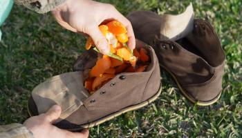 Hand legt Orangenschalen in Wanderschuh