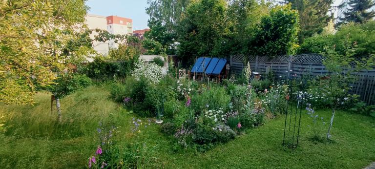 Naturgarten mit Beeten und Häusern im Hintergrund
