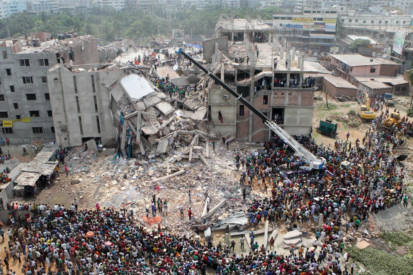 Blick auf die Rana Plaza Fabrik, die 2013 eingestürzt ist
