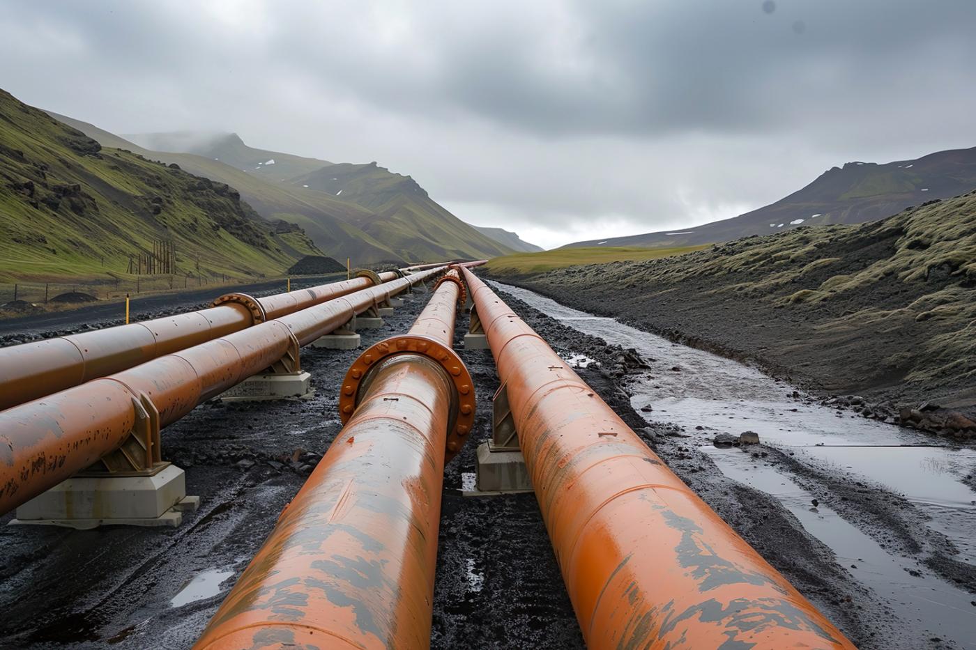 Das Carbfix-Projekt in Island: vier große Pipelines schlängeln sich durch ein isländisches Tal, daneben fließt ein kleiner Fluss..