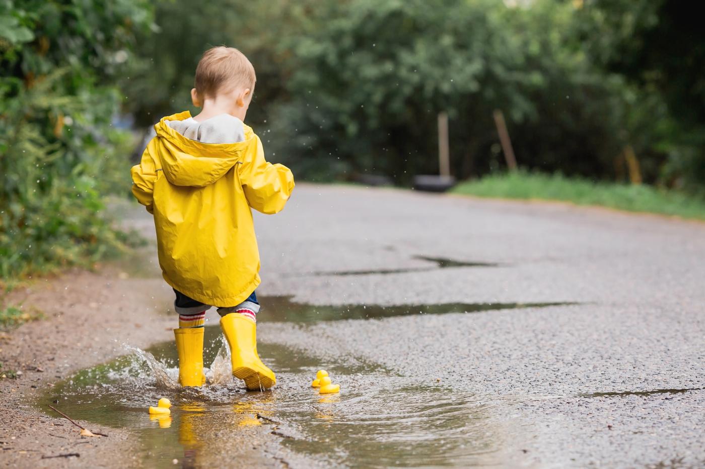 Kleinkind mit gelber Regenjacke und gelben Gummistiefel spielt mit Gummienten in einer Pfütze