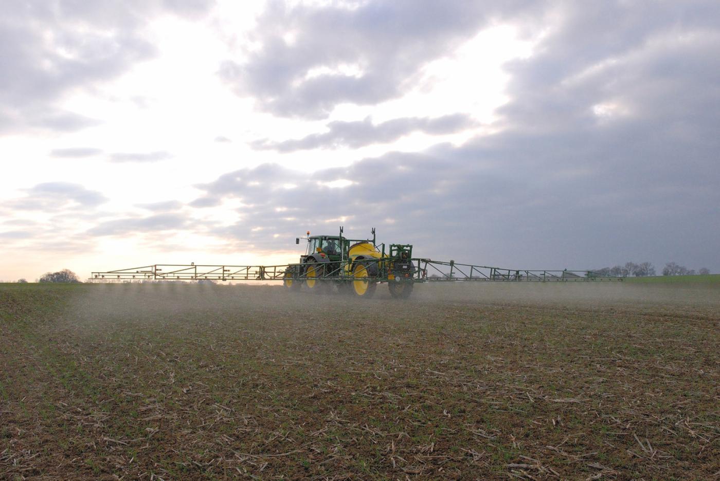 Traktor spritzt Pestizide auf einem Feld. 