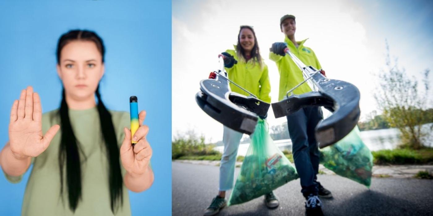 Collage: Links hält eine Frau ihre Hand mit einer Stopp-Geste hoch, während sie einen E-Vape-Zigarette hält. Rechts sammeln zwei Personen in grünen GLOBAL2000-Jacken mit großen Greifern Müll auf der Donauinsel