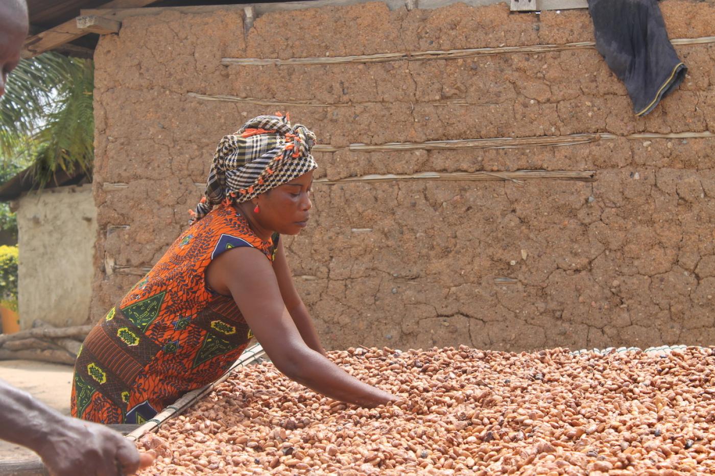 Frau arbeitet mit Kakaobohnen