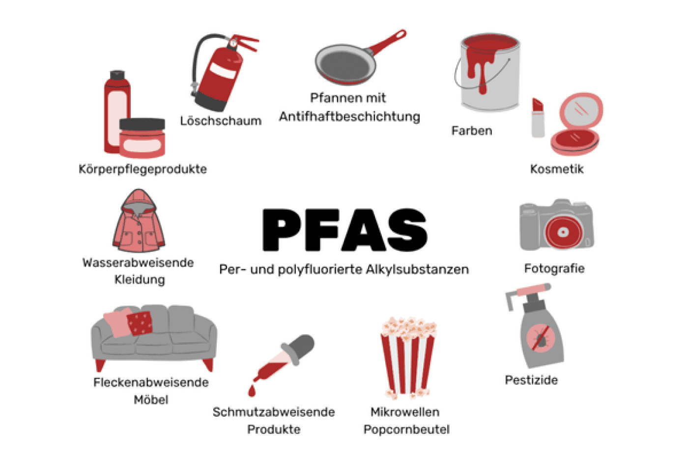 Eine Grafik, die zeigt, in welchen Alltagsprodukten PFAS enthalten ist: Pfannen, Farben, Kosmetik, Foto-Apparate, Pestizide etc.