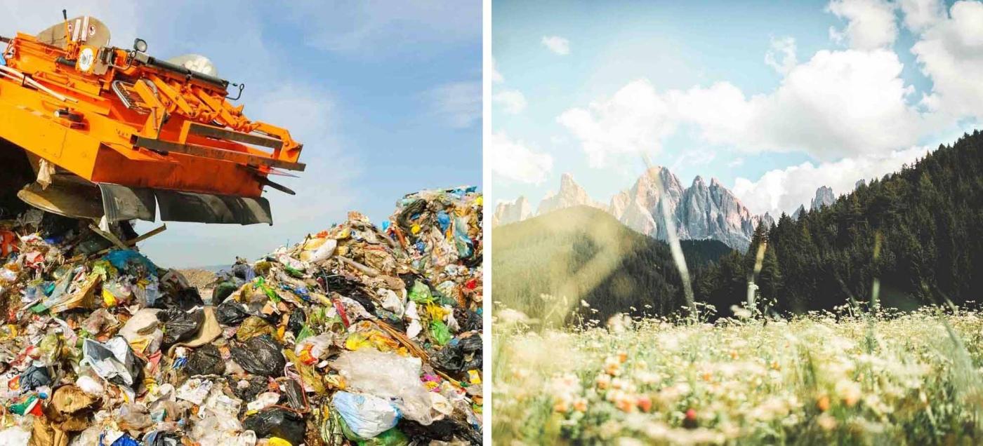 links Müll wird abgeladen, rechts: schöne Natur
