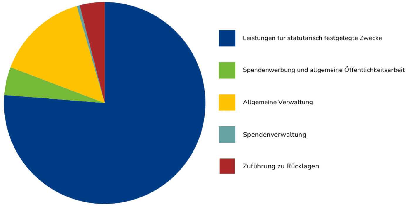 Kreisdiagramm zu den Ausgaben: 76,26 % Leistungen für statutarisch festgelegte Zwecke, 14,74 % allgemeine Verwaltung, 4,50 % Spendenwerbung und allgemeine Öffentlichkeitsarbeit, 4 % Zuführung zu Rücklagen, 0,48 % Spendenverwaltung.