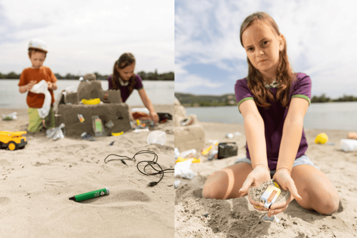 Kinder, die im Sand mit ganz viel Müll spielen und darüber nicht begeistert sind