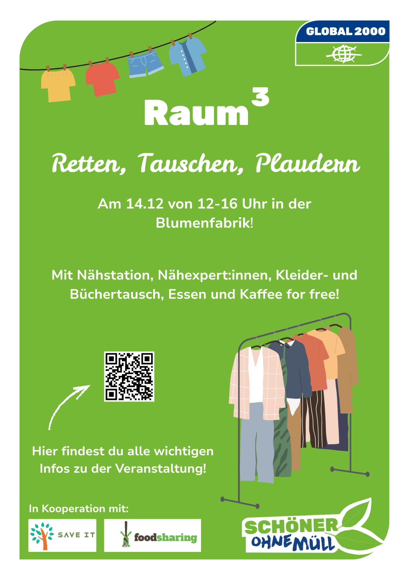 Teaser für die Kleidertauschparty mit dem Titel raum3 "Retten, Tauschen, Plaudern"