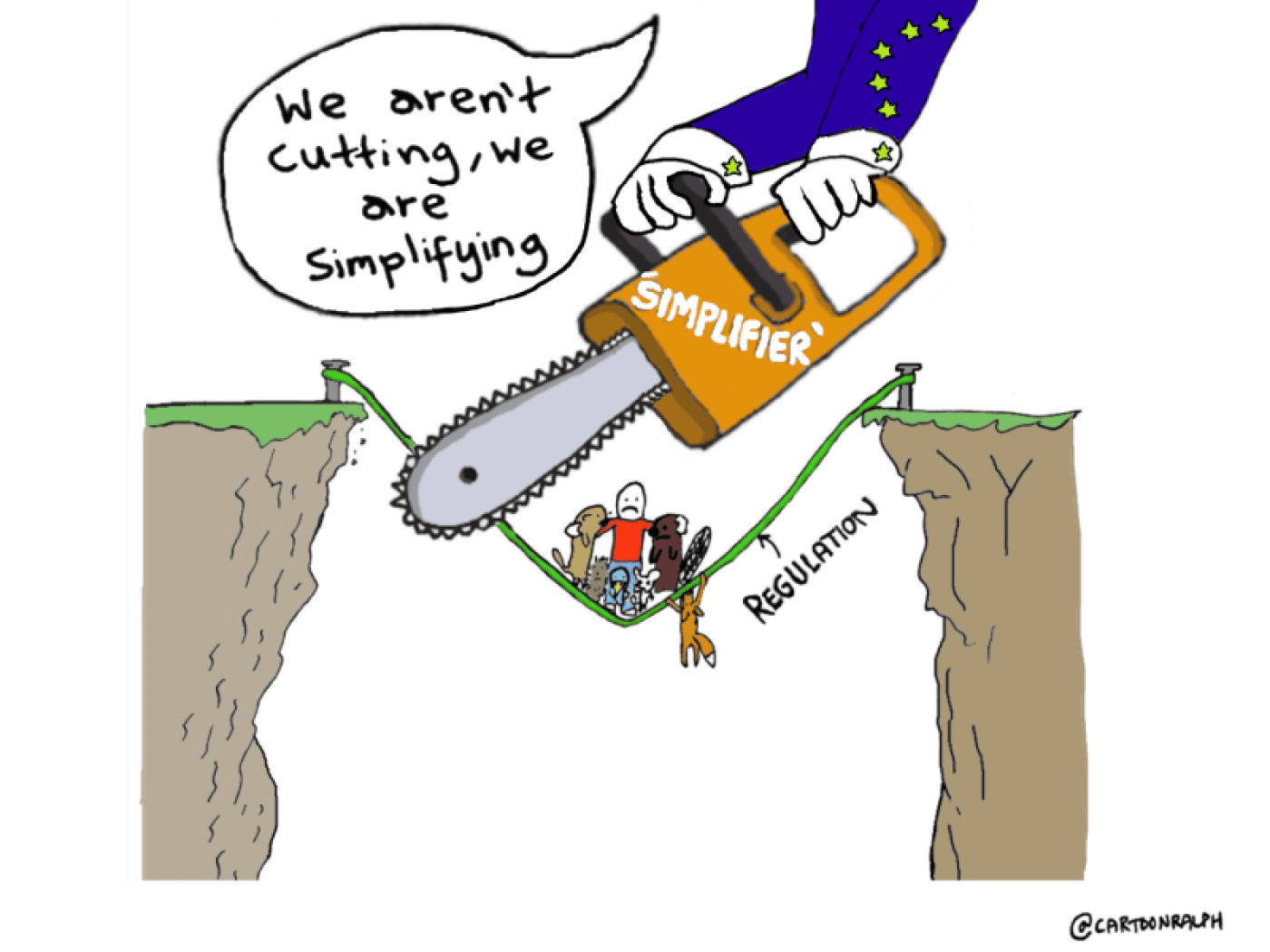 Comic zeigt auf satirische Weise, wie unter dem Vorwand der Vereinfachung Mensch, Tier und Natur gefährdet werden.