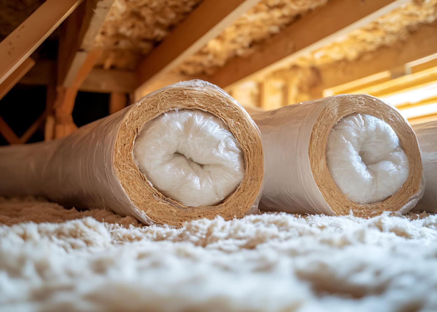 Dämmwolle liegt in 2 Rollen auf dem Boden