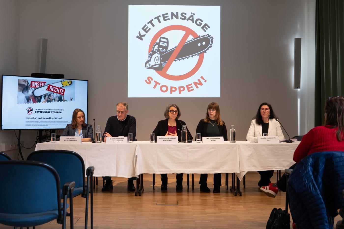 Initiator:innen der "Kettensäge Stoppen"-Plattform bei der Auftakt Pressekonferenz.