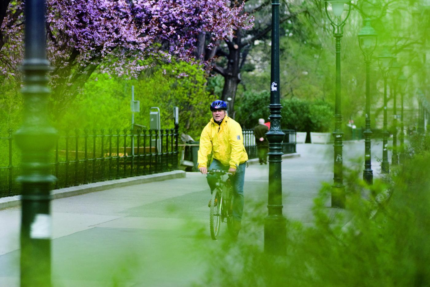Fahrradfahrer in gelber Jacke und mit Helm inmitten eines städtischen Parks mit viel Grün und blühenden Bäumen