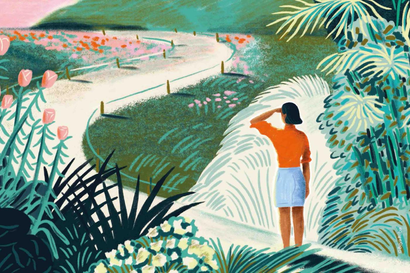 Illustration einer, die auf einem Weg steht, umgeben von üppiger Biodiversität und blickt auf einen Fluss mit Bergen