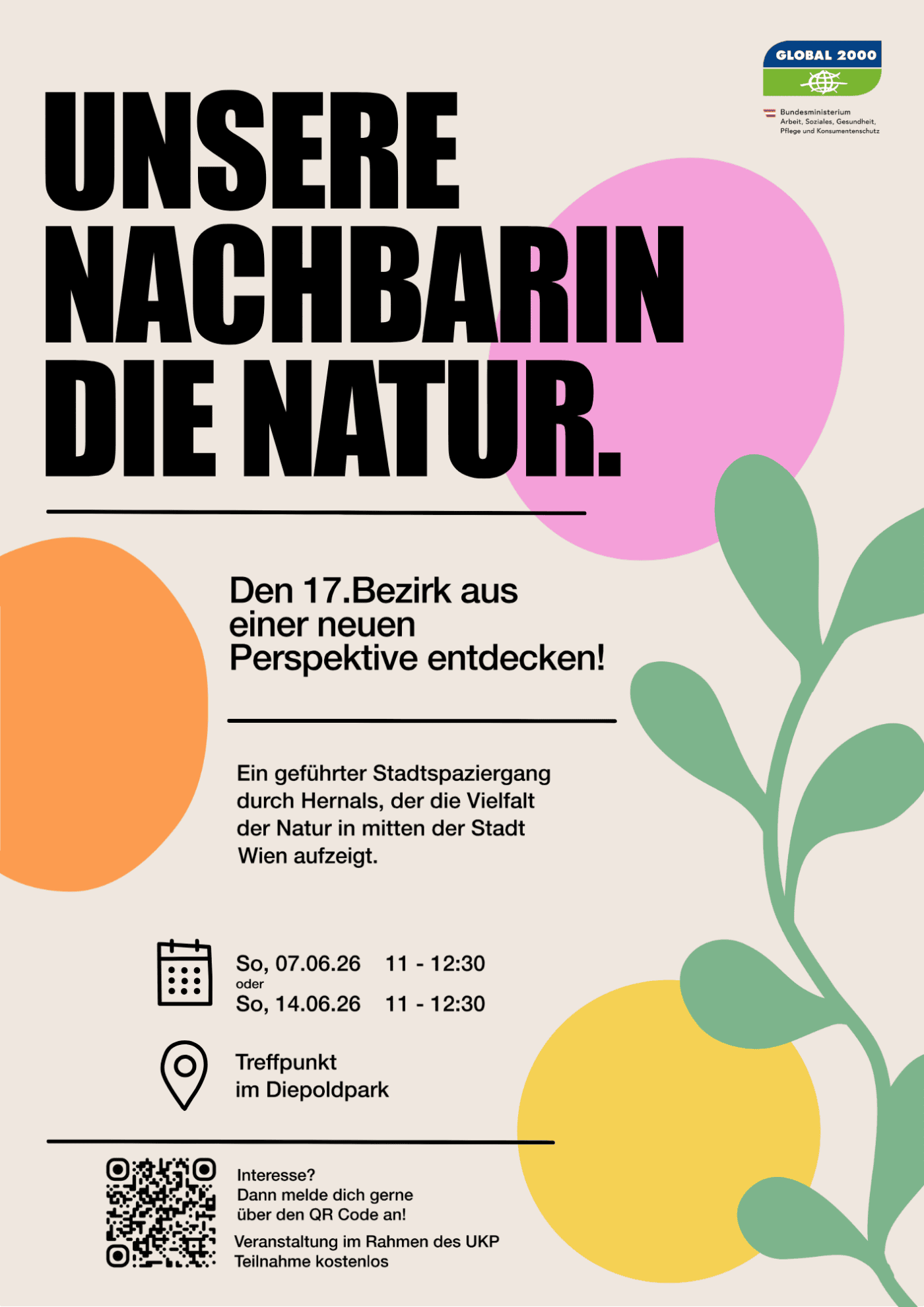 Plakat „Unsere Nachbarin die Natur“ mit Termin für geführten Stadtspaziergang im Dielpoldpark