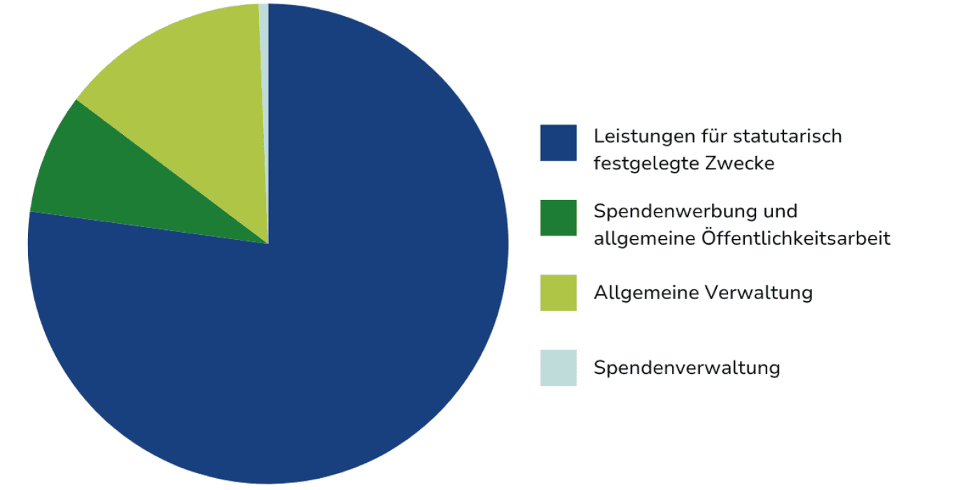  Kreisdiagramm zu den Ausgaben: 77.16 % Leistungen für statutarisch festgelegte Zwecke, 8.11 % Spendenwerbung  und allgemeine Öffentlichkeitsarbeit, 14,09 % allgemeine Verwaltung,  0,63 %  Spendenverwaltung.